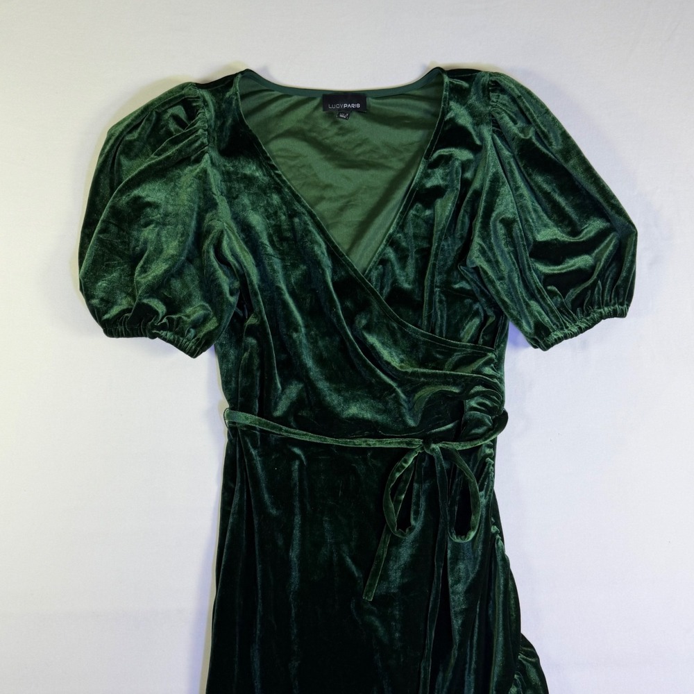 Lucy Paris Womens Emerald Green Velvet Wrap Dress Puff Sleeve High Low Small - Picture 3 of 12